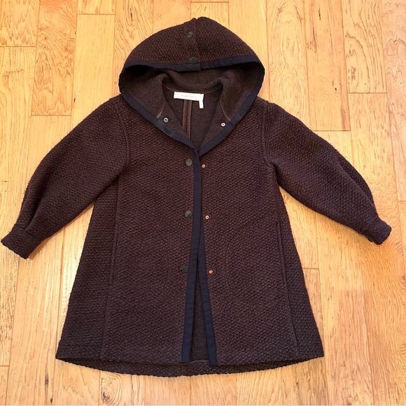 SEE by CHLOE Wool Blend Hooded Coat Medium Brown Snap Closures Pockets - Picture 4 of 14
